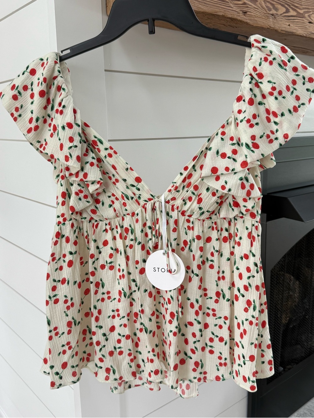 Storia Cream Cherry-Print Ruffle Peplum Tank. Brand new